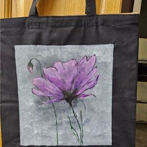 Black Hand Tote Bag with Purple Flower Design